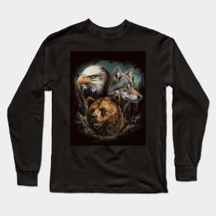 Wilderness Animals USA Retro Collage Long Sleeve T-Shirt